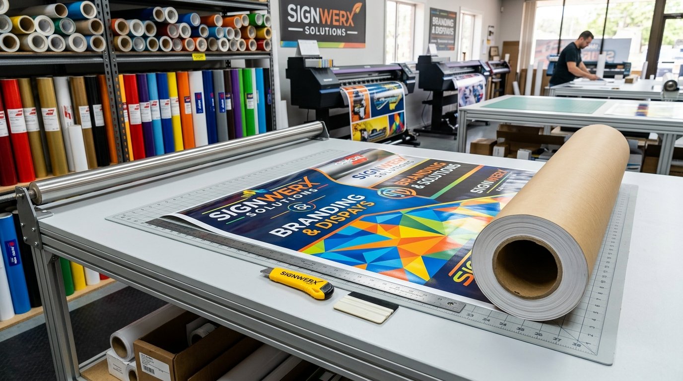 Rollo de vinilo impreso terminado en mesa de corte listo para entrega en tienda